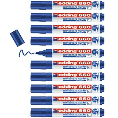 Imagen de edding 660 marcador para pizarras blancas azul 10 rotuladores punta redonda 1,5 3 mm rotulador pizarra blanca, borrado en seco flipchart, tablón de notas recargable