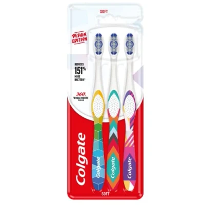 Imagen de COLGATE 360 Whole Mouth Clean Cepillo de Dientes Suave, Pack 3 Uds, Boca Más Sana y Limpia, Cuidado Completo la Boca, Elimina Eficazmente Placa las Manchas, Sin Capuchón