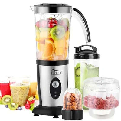 Imagen de Uten Batidoras Multifuncional, Batidora de Cocina, Máquina Batidos Elétrica Acero Inocidable, Picadora Carne, Exprimidor, Frutas y Verduras 5 en 1 con Botellas, 220W