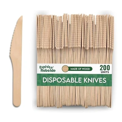 Imagen de Espirito Rebelde Juego de 200 cuchillos desechables madera, cubiertos desechables, ideal para picnics y eventos