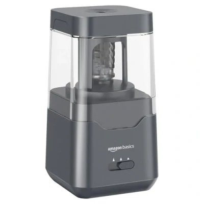 Imagen de Amazon Basics Sacapuntas eléctrico portátil, hoja en espiral, parada automática, alimentado por batería/USB, Negro, 7.1 x 13.46 cm