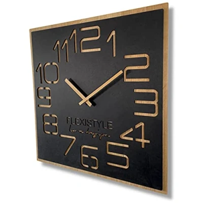 Imagen de FLEXISTYLE Reloj de Pared Grande con Aspecto Madera Digits Eco, Cuadrado, silencioso, salón, Dormitorio, (Negro, 60 cm)