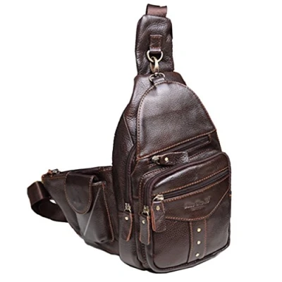 Imagen de Xieben Sling Bolsa De Cuero Para Hombres Mujeres Solo Hombro Messenger Pouch Mochila Usos Múltiples Al Aire Libre TravelRiding Cross Body Pack Café