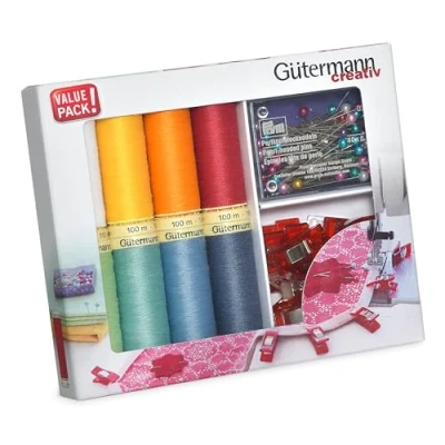 Imagen de Gutermann Creativ Coselotodo Ensemble de 8 bobines 100 m + 15 pinces à tissu épingles tête perles colorées PRYM, couleurs assorties