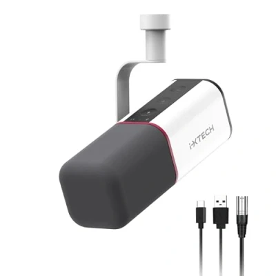 Imagen de IXTECH micrófono dinámico cardioide con cubierta de micrófono, vocal USB XLR para podcasting, transmisión, grabación, juegos y voz en off (blanco)