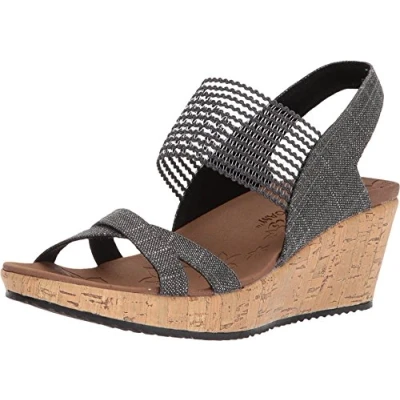 Imagen de Skechers BEVERLEE HIGH TEA, Sandalias de Punta Descubierta para Mujer, Black Sparkle Linen/ Gore Trim, 38.5 EU