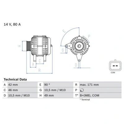 Imagen de BOSCH 0 986 082 740 Alternador 14V 80A CITROËN: C2 Hatchback, C3 I Pluriel, PEUGEOT: 207 SW