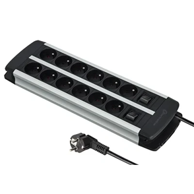 Imagen de Electraline 35447 ALU Line Regleta de enchufes (12 con Cuerpo Aluminio, Cables H05VV F 3G1,5 mm, 2 interruptores (1 x 6 enchufes), protección contra sobrecargas