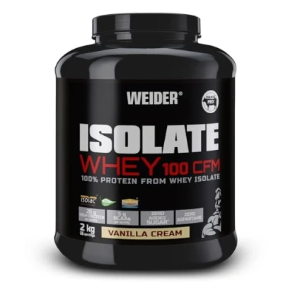 Imagen de Weider Isolate Whey 100CFM. 100% aislado de proteina suero. cero azúcar, aspartamo, con stevia, dygezime, BCAA, apto Para vegetarianos. dietas keto. 2000gr Vainilla