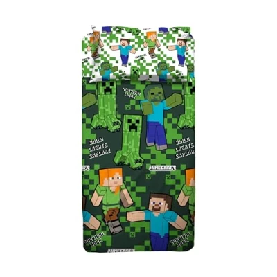 Imagen de Minecraft Juego de sábanas para Cama Individual, sábana encimera, Bajera Ajustable, Funda Almohada, Verde, 100% algodón, Producto Oficial