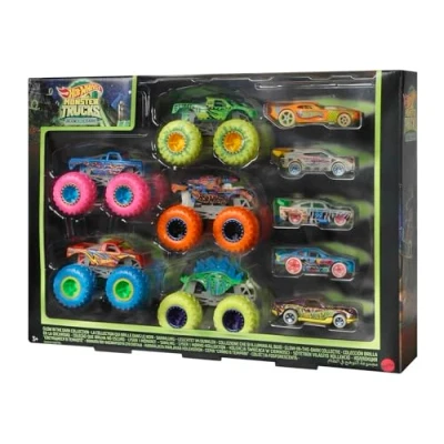 Imagen de Hot Wheels Monster Trucks Pack Coche y camión Glow Vehículos de Juguete (Mattel HCB57)