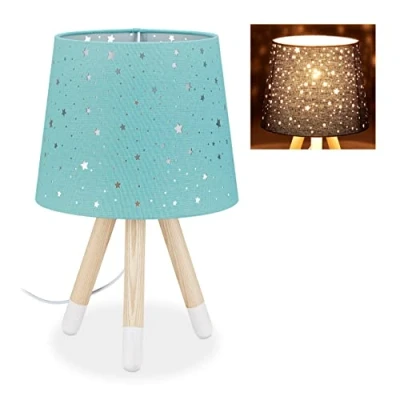 Imagen de Relaxdays Lámpara de mesa infantil, Para niños &amp; niñas, E14, Redonda, 40 cm, Estrellas, Menta