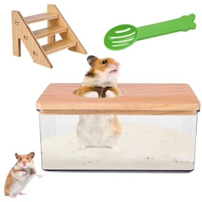 Imagen de Nizirioo baño de arena transparente para hámster, caja hámster con escalera y cubierta madera natural pala, bañera mascotas