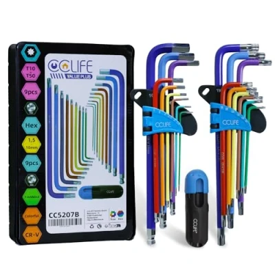 Imagen de CCLIFE 18 Piezas Juego de Llaves Allen Profesionales Torx con Mango Hexagonales Extremo en Forma Bola 1,5mm 10mm T10 T50 Cr V Multicolor