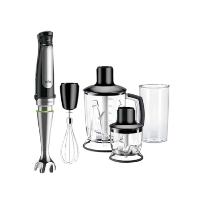 Imagen de Braun Hogar batIdora de mano, 4 Accesorios (minipicadora 350 ml, vaso 1.25 L, varillas, medidor 600 ml), velocidad automática, tecnología Active Blade, Negro, 7045,