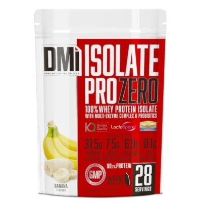 Imagen de DMI proteína ISOLATE PRO ZERO para Recuperación y Desarrollo Muscular 100% Aislado de suero con DigeZyme® LactoSpore Sin Azúcares Añadidos (1 Kg, Plátano)