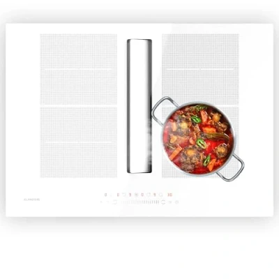 Imagen de Klarstein Chef Fusion Placa de Inducción con Extractor Integrado Flex Zone 7200 W, 590 m3/h, Eficiencia Energética A, Control Táctil, Diseño Estético, Acero Inoxidable y Cristal