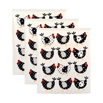 Imagen de DII Paños suecos para cocina y limpieza, reutilizables, lavables a máquina aptos lavavajillas, biodegradables, 7.75 x 6.75 pulgadas, pollos, 3 piezas