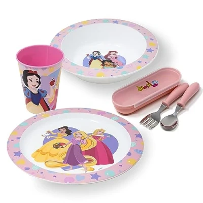 Imagen de damaloo Set de Vajilla infantil Princesas para Niñas Plato, Vaso, Bol y Cubiertos Infantiles, Conjunto Desayuno, Almuerzo Cena, Reutilizable Libre BPA