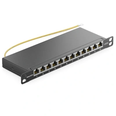 Imagen de deleyCON Panel de Conexión Cat 6 0,5U Mini 12 Puertos para Escritorio Sobremesa 10 Pulgadas RJ45 Blindado TIA568A TIA568B Negro