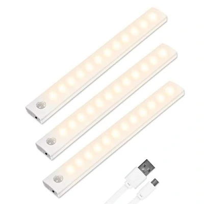 Imagen de Vicloon Iluminacion Luz sin cables Portatil, 3 PCS 12 LED Armario con Sensor de Movimiento Auto en/Apagado/Siempre en, USB Recargable 2 Tiras Magnéticas, para Escalera, Coina