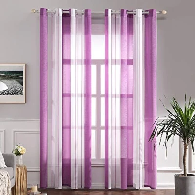 Imagen de MIULEE Cortinas Salon Modernas con Rayas Blanco y Púrpura, Bonitas Visillos Dormitorio Juvenil Ojales, Translucidas para Ventanas Habitacion, Salón 2 Piezas, 2X A140xL225CM
