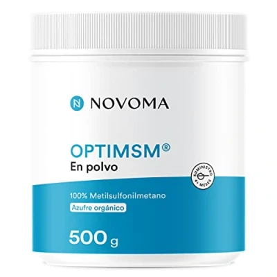 Imagen de OptiMSM en Polvo 500 g Alta Dosis de Azufre Orgánico MSM 99,9% Puro y Sin Aditivos Antiinflamatorio Muscular Cuchara Dosificadora Incluida Envasado Francia Novoma