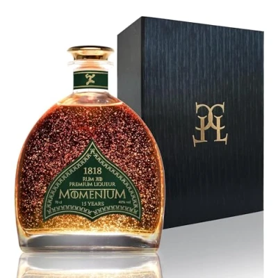 Imagen de CONDE LUMAR Ron 1818 Momentum 15 Años Dominicano Añejo Con Oro Premium Liqueur Gold 23K Set para Regalar Caja Estuche y Certificado de Calidad 40% Vol. 70 cl