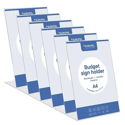 Imagen de Europel soportes de mesa económicos, paquete 6 unidades, soporte en L, DIN A4 alto, poliestireno transparente 1,5 mm, menú y folletos para restaurantes, hoteles, conferencias
