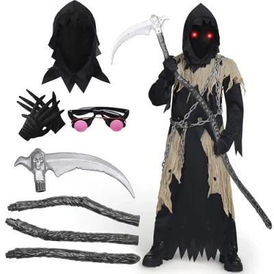 Imagen de Spooktacular Creations Disfraz de Parca Infantil, Ojos Brillantes para Niño, Espeluznante Fantasma Negra Medio (8 10 años)