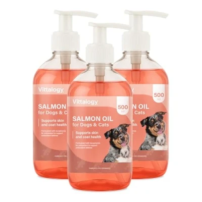 Imagen de VITTALOGY Aceite de Salmón para Perros y Gatos. Suplemento Natural Rico en Omega 3 EPA DHA. Antiinflamatorio. Mejora Piel, Pelo Articulaciones Refuerza Inmunidad Salud Cardiovascular (3 Botes)