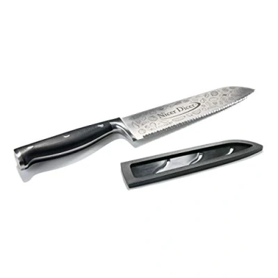 Imagen de Genius Nicer Dicer Knife Professional Cuchillo de chef (20 cm, acero inoxidable, con filo ondulado y funda protectora, universal, para cocina), color negro