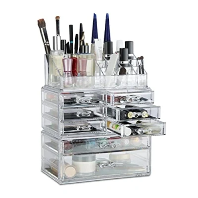 Imagen de Relaxdays Organizador de Maquillaje con cajones, Fibra acrílica, Neceser apilable, Transparente, 2x72x36.5 cm