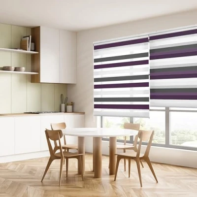 Imagen de Blindecor Lira estor enrollable noche y día, tricolor marrón, violeta, blanco, 80 x 180 cm (ancho alto). Tamaño de la Tela 77 175 cm. Estores dia elegantes