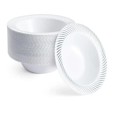 Imagen de MATANA 20 Ciotole in Plastica Bianca Premium con Bordo Argento, 360ml Piatti Fondi per Matrimoni, Compleanni, Battesimi, Natale, Barbecue, Feste Resistenti e Riutilizzabili