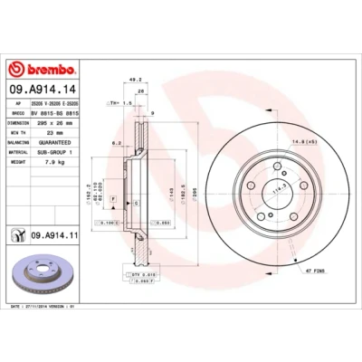 Imagen de BREMBO 09.A914.14 Disco de freno 295 26 5 ventilación interna TOYOTA: Auris Hatchback, Corolla X Berlina