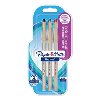 Imagen de Paper Mate S0824211 Replay Bolígrafo borrable, grosor de trazo M, 3 unidades, color negro, azul y rojo
