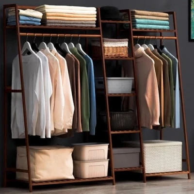 Imagen de angroups Perchero Burro Ropa de Bambú, Percheros Resistente con Estantes para Guardar Ropa, Armario Abierto Madera Pie Pasillo Colgar Entrada, 130x40x140 cm