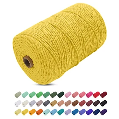 Imagen de Uiopa Hilo Macrame 3mm x 200m, Cuerda Gruesa de Algodon Natural, Cordel Colores Algodón para Manualidades, Pared, Cortinas, Colgar Plantas, Fotos (Amarillo)