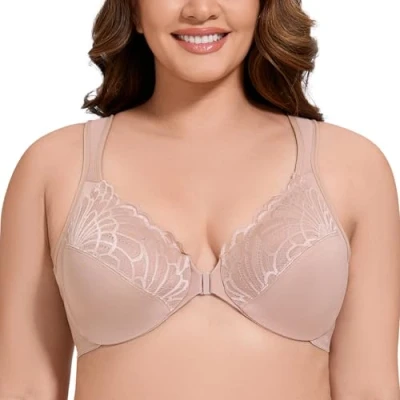 Imagen de MELENECA Sujetador Cierre Delantero con Aros Encaje Talla Grande Relleno Correas Acolchadas para Mujer Beige 110D