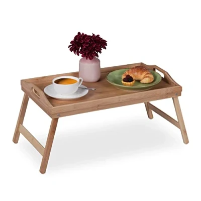 Imagen de Relaxdays Bandeja para Cama, Patas Plegables, Desayuno, Aperitivos, Bambú y MDF, Borde Alto, 25 x 60 30 cm, Natural, Caucho