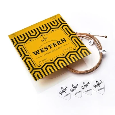 Imagen de BELFORT® cuerdas para guitarra Western 012/053 bronce de fósforo premium (6 cuerdas) acústica y occidental Incluye 4 púas + cuerda electrónica extra acústicas