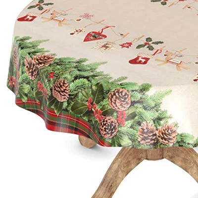 Imagen de ANRO mantel de hule lavable, jardín, rectangular, redondo, ovalado, 140 cm, borde corte, corona Navidad