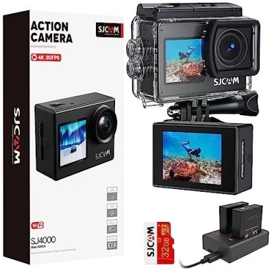 Imagen de SJCAM Cámara Deportiva SJ4000 4K 30FPS Doble Pantalla WiFi de Video，Cámara subacuática 30M con 170 Grados Gran Angular, Control Remoto EIS Mejorado, 2 Baterías, Varios Accesorios