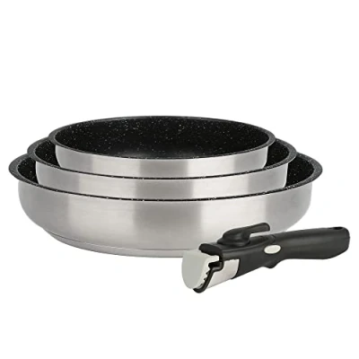 Imagen de Kamberg Juego de sartenes, utensilios cocina 4 piezas, acero inoxidable, revestimiento piedra, todos los fuegos incluyendo inducción, mango extraíble, libre PFOA