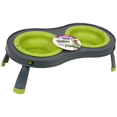 Imagen de Dexas Popware For Pets Comedero Doble Elevado para Mascotas, Grande, Gris/Verde