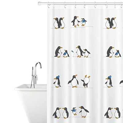 Imagen de Tatkraft Penguins Cortina de Ducha Poliéster Resistente al Moho, Impermeable, 180 x cm, 12 Anillos Incluidos