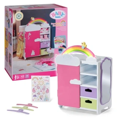 Imagen de BABY born armario para muñecas, almacenamiento ropa de muñeca con diseño arco iris brillante y sonidos alegres, 836040 Zapf Creation