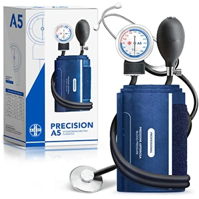 Imagen de AIESI® Esfigmomanometro Manual Profesional Aneroide Tensiómetro clasico con brazalete de nylon adultos y estetoscopio PRECISION A5, Garantía 24 meses