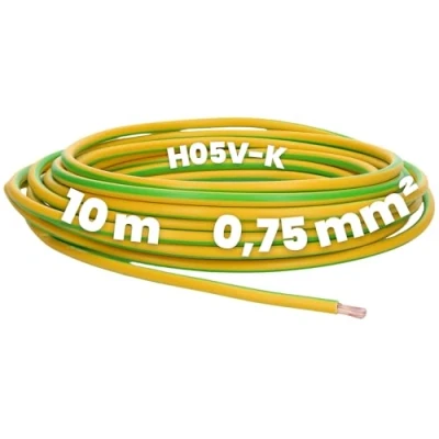 Imagen de Kalitec 10 metros H05V K 0,75 mm² verde y amarillo cable de Cableado I PVC individual mm2 núcleo fino un solo Conducto